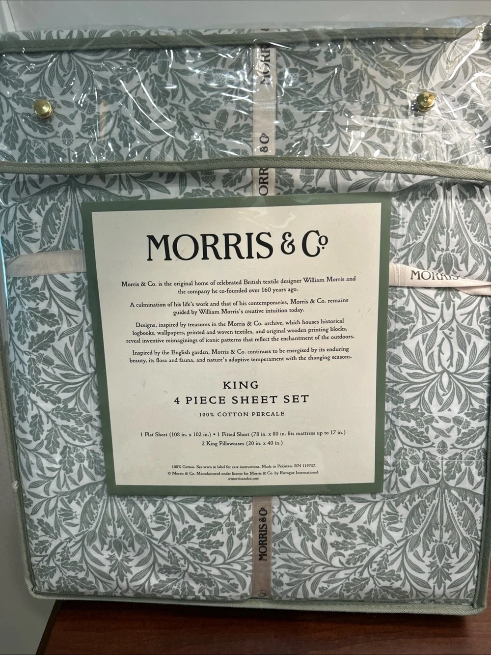WILLIAM MORRIS & Co Green White Leaves Acorns  King Sheet Set 4 PC NEW